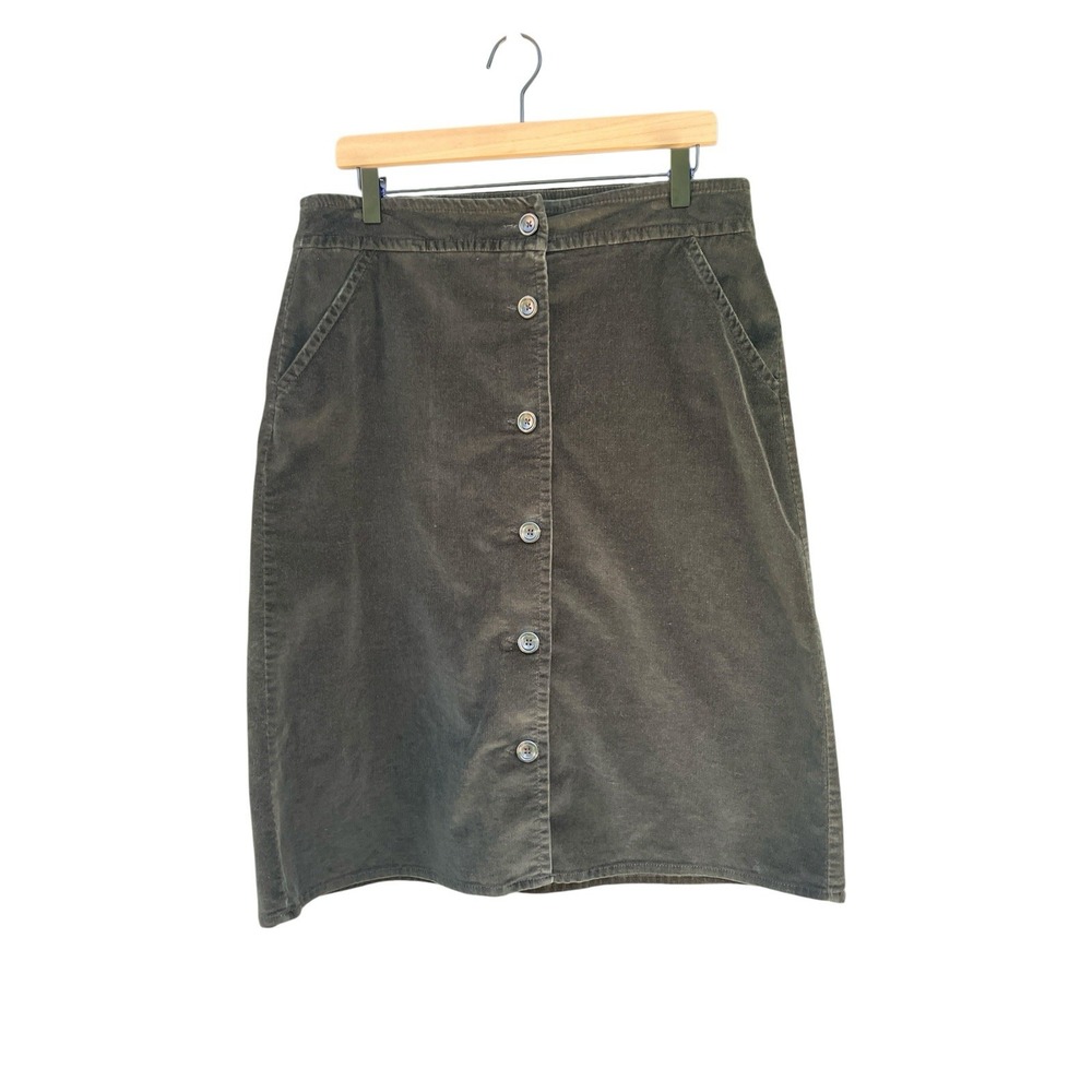 Lands End Fine Corduroy Button Front A Line Skirt Size 8 Dark Olive Moss Green